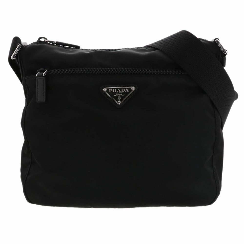 PRADA Tessuto Triangle Plate Shoulder Bag Black